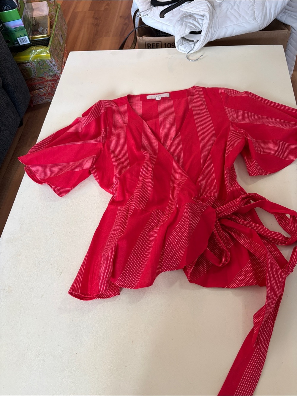 LOFT Red Striped Wrap Blouse with Tie Waist